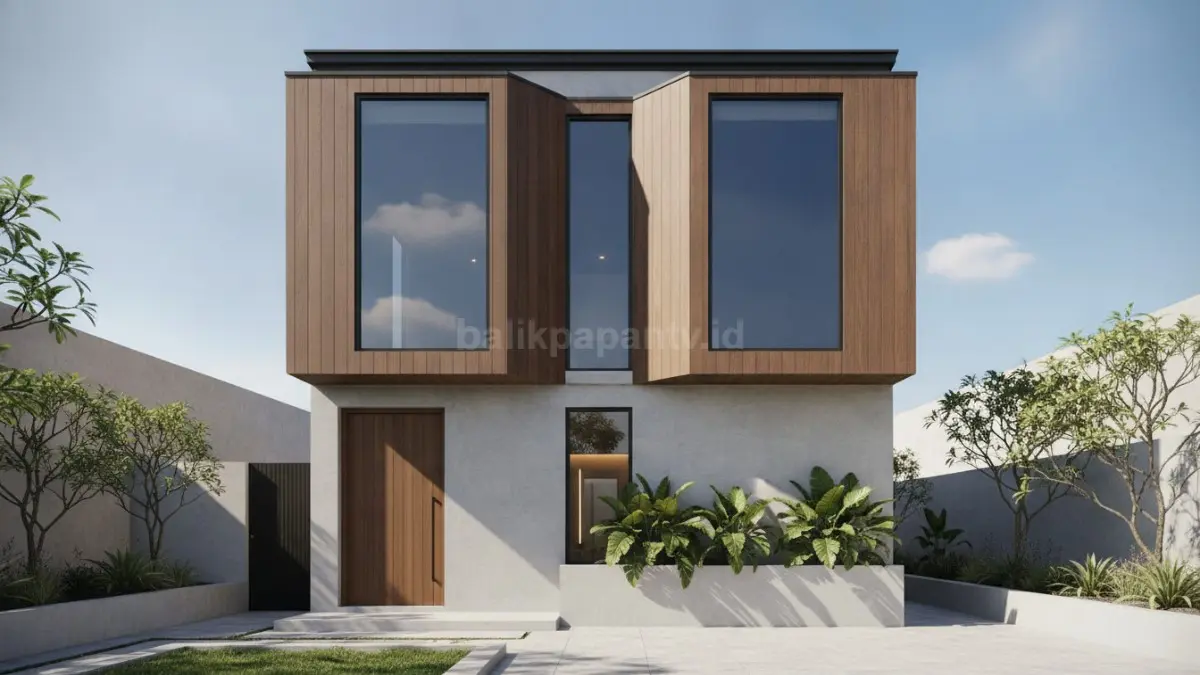 Inspirasi fasad rumah minimalis mikro dua lantai berkonsep rumah tumbuh modular dengan jendela kaca vertikal besar yang estetik.
