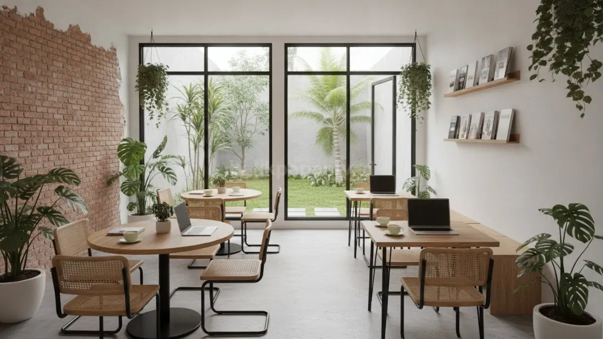Inspirasi meja cafe minimalis modern dengan desain kayu dan besi untuk cafe kekinian yang nyaman dan menarik. (BTV/Ai)
