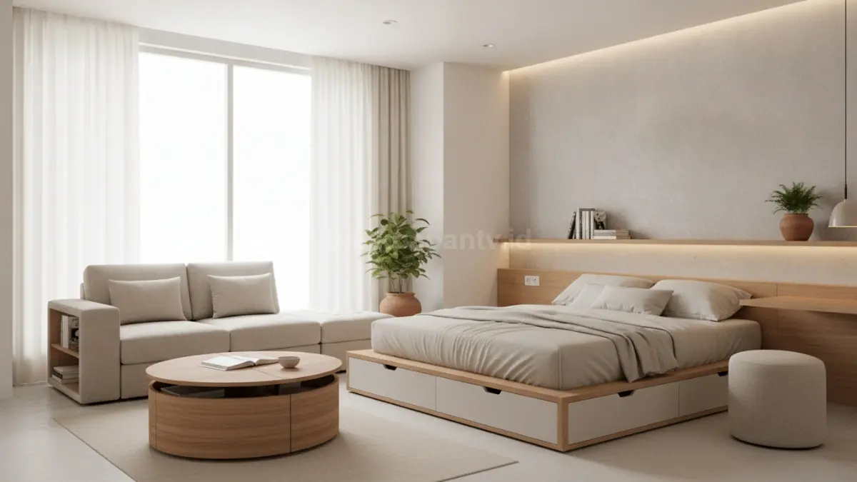 Kamar estetik modern dengan warna netral, pencahayaan alami, dan furnitur multifungsi yang nyaman digunakan sehari-hari.
