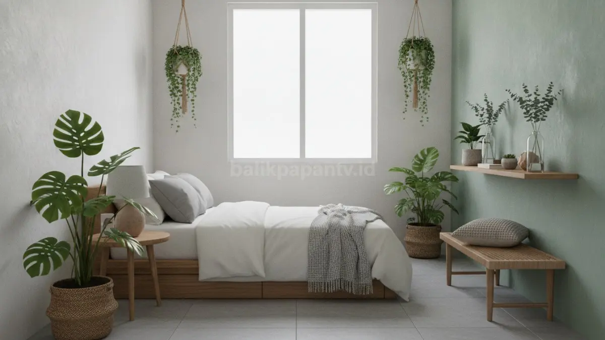 Kamar estetik ukuran kecil yang memanfaatkan tanaman indoor dan dekorasi sederhana.

