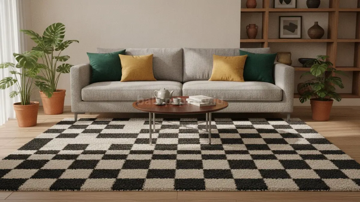 Karpet checkerboard menghadirkan aksen dinamis, memperbarui suasana ruang secara cepat dan praktis.  (BTV/AI)
