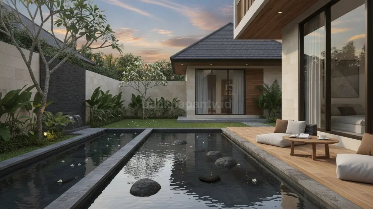 Kolam refleksi dan elemen air menghadirkan suasana tenang serta memperkuat nuansa tropis khas villa Bali. (BTV/AI)
