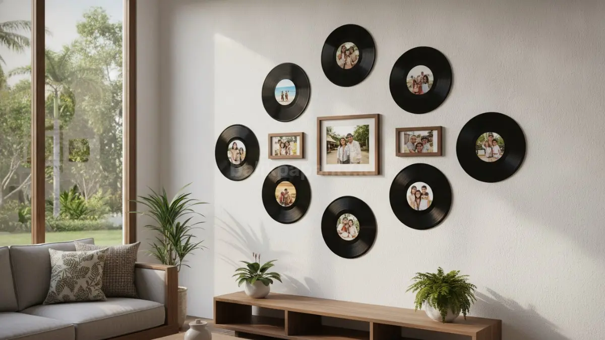 Kombinasi vinyl dan foto pribadi menciptakan galeri dinding penuh cerita, kenangan, dan karakter ruangan.   (BTV/AI)