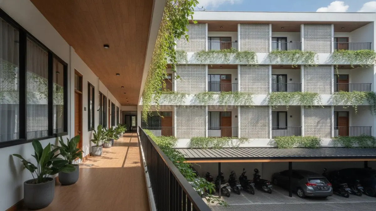 Koridor terbuka pada rumah kost modern membantu sirkulasi udara alami dan kenyamanan penghuni sepanjang hari. (BTV/Ai)
