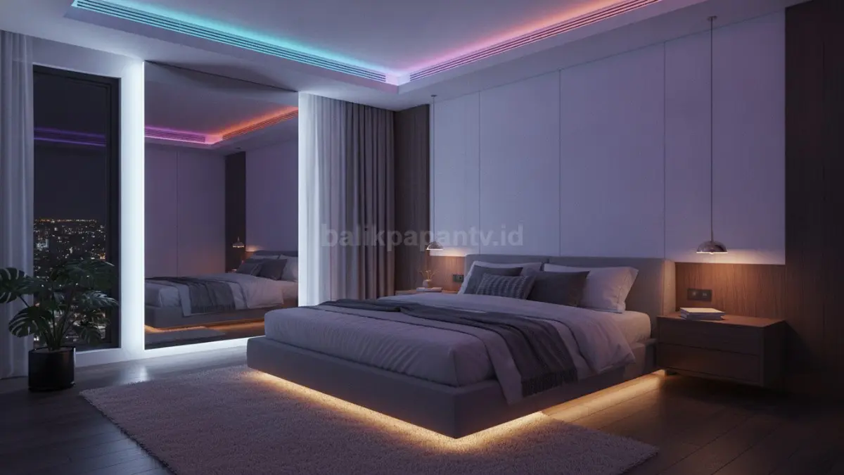 Lampu LED strip warm white pada kamar tidur modern yang menghadirkan suasana hangat dan nyaman. (BTV/Ai)