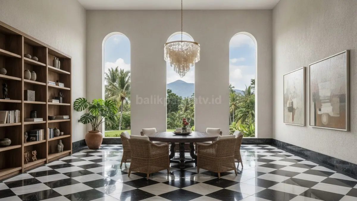 Lantai checkerboard klasik menghadirkan kontras elegan, memperkuat karakter ruang tanpa mengurangi kenyamanan visual.  (BTV/AI)