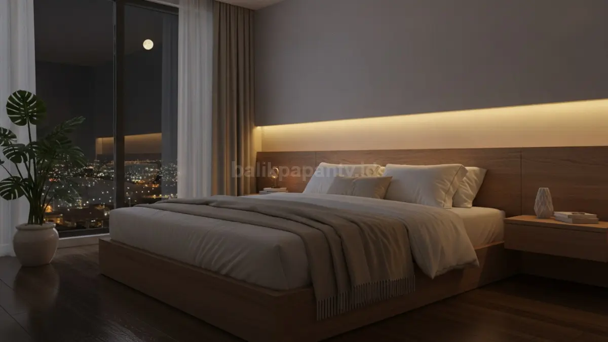 LED strip di belakang headboard menciptakan efek pencahayaan lembut yang membuat kamar terasa lebih nyaman dan elegan. (BTV/AI)
