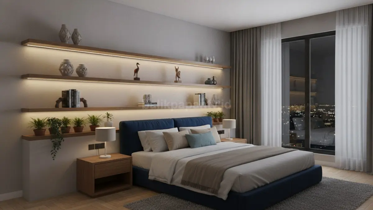 LED strip pada rak dinding memberikan aksen cahaya yang mempercantik tampilan dekorasi dan interior kamar. (BTV/AI)
