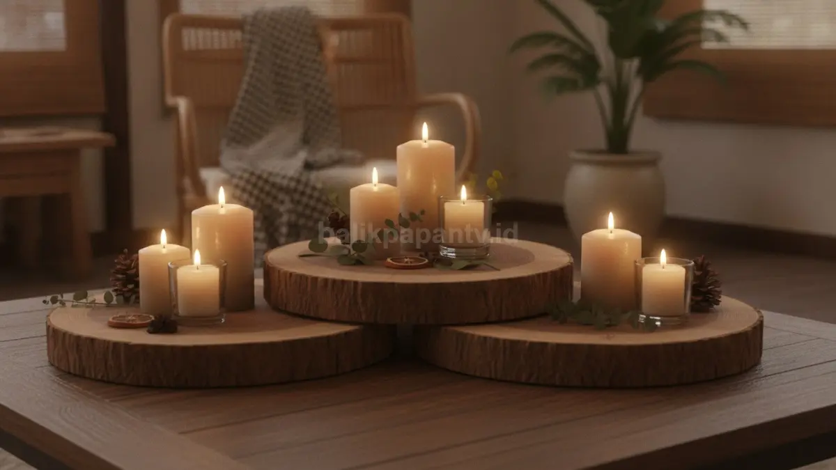 Lilin dekoratif di atas potongan kayu menghadirkan suasana hangat dengan sentuhan alami elegan.  (BTV/AI)