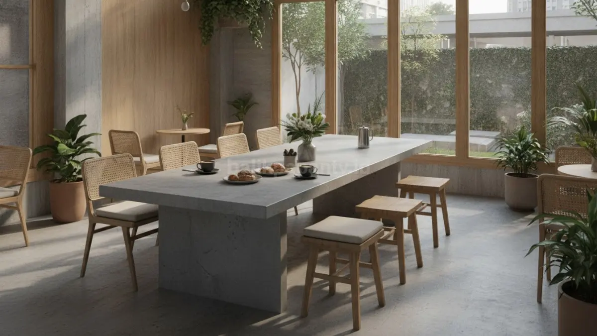 Meja beton ekspos dengan tampilan modern dan kokoh yang menjadi daya tarik pada cafe bergaya urban. (BTV/AI)
