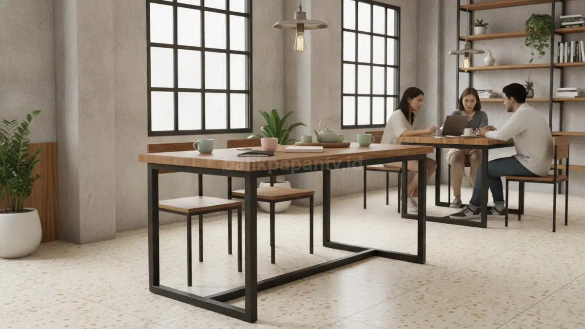 Meja industrial dengan kombinasi besi hitam dan kayu yang kokoh serta modern untuk cafe kekinian. (BTV/AI)
