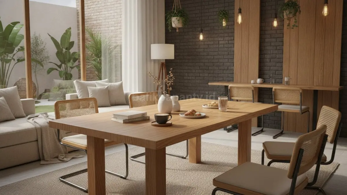 Meja kayu dengan finishing matte yang menghadirkan kesan hangat dan alami, cocok melengkapi suasana cafe bergaya industrial maupun Scandinavian. (BTV/AI)
