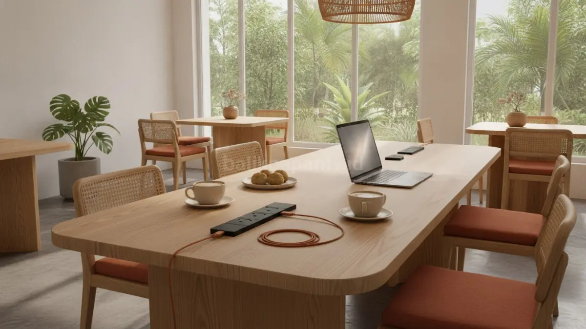 Meja minimalis dengan charging station terintegrasi yang memberikan kenyamanan ekstra bagi pelanggan modern. (BTV/AI)
