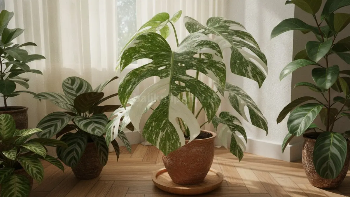 Monstera Variegata memamerkan corak daun unik hijau putih artistik, mempercantik ruangan modern alami elegan (BTV/Ai)

