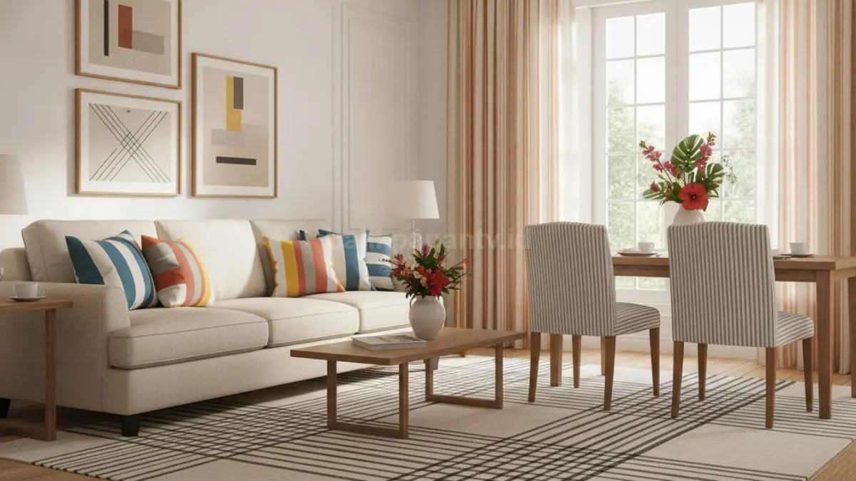 Motif garis modern pada furnitur dan dekorasi menghadirkan tampilan rapi, segar, serta fleksibel. (BTV/AI)