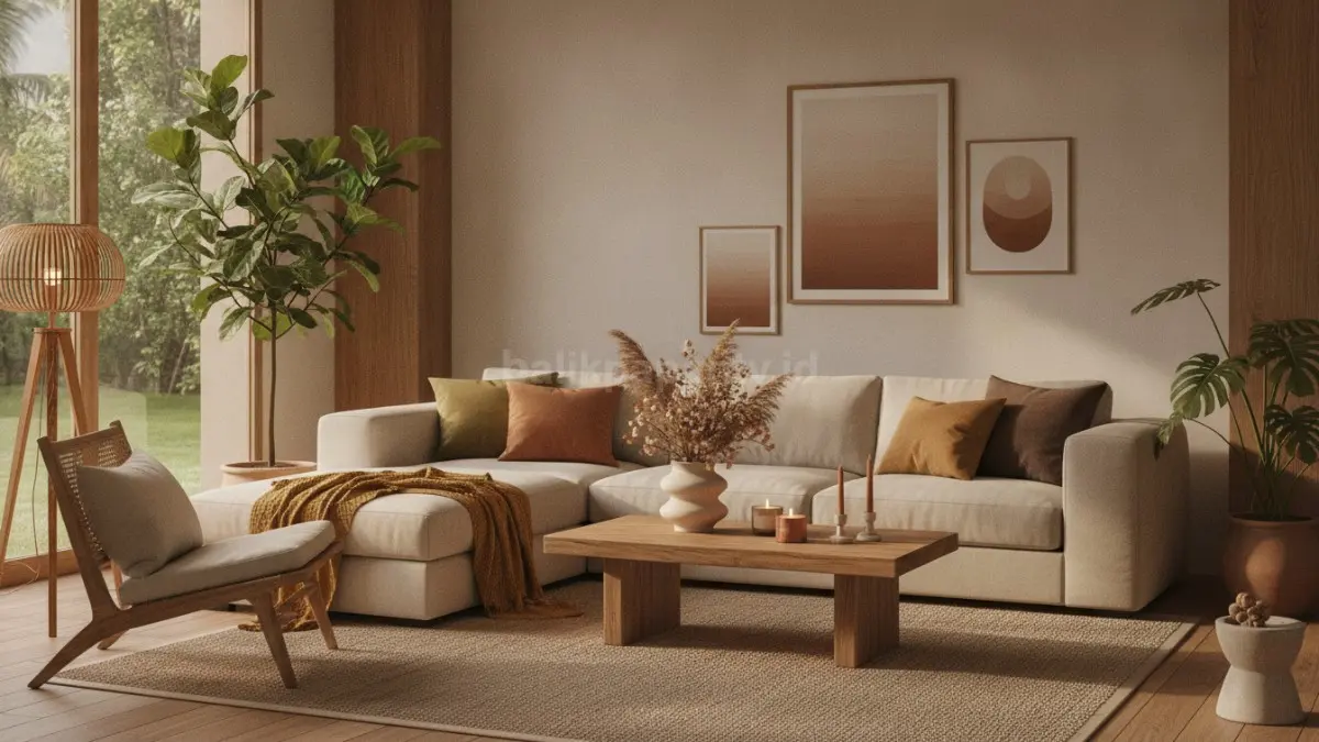 Palet warna bumi seperti olive, terracotta, dan cokelat kayu menghangatkan suasana interior rumah. (BTV/AI)