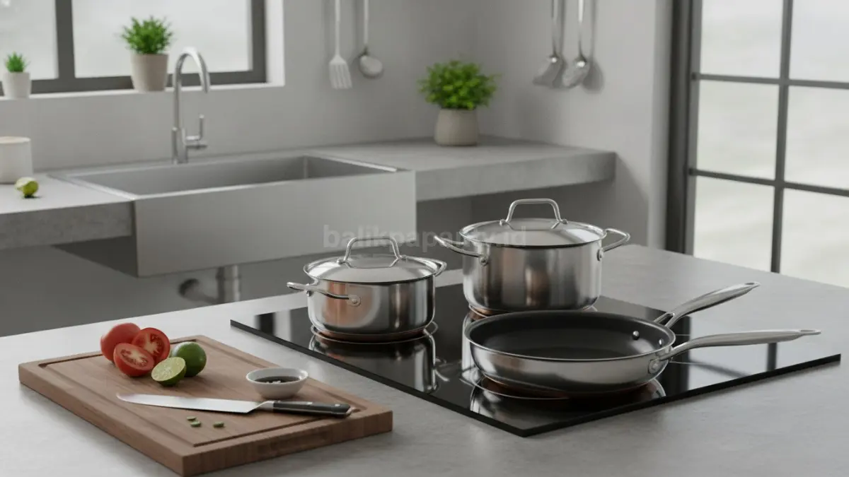Panci stainless steel food grade dikenal aman, tahan lama, dan mampu mendistribusikan panas secara merata untuk berbagai kebutuhan memasak. (BTV/AI)
