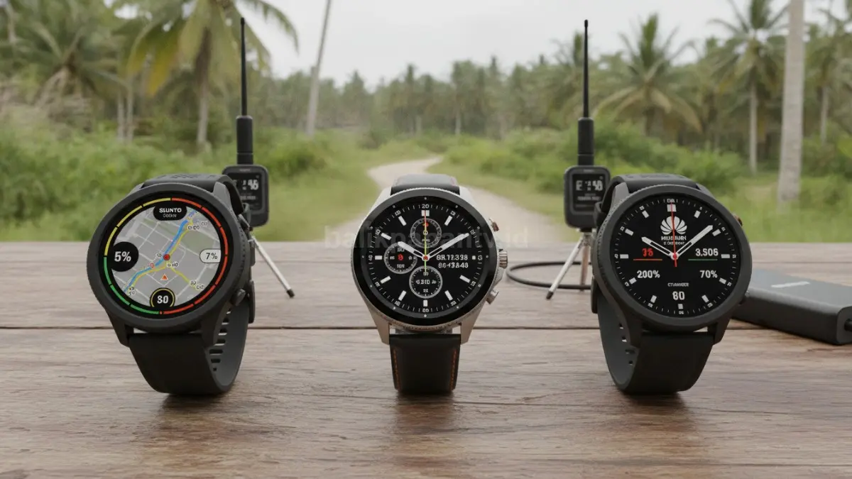 Perbandingan Suunto Race S, Samsung Galaxy Watch 8 Classic, dan Huawei GT Runner 2 dalam pengujian GPS dan baterai. (BTV/Ai)