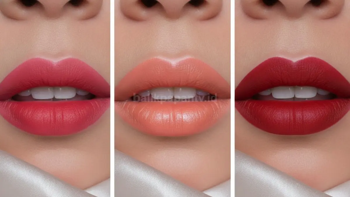 Perbandingan tampilan lip stain, lip tint, dan lipstik pada bibir dengan hasil akhir berbeda.
