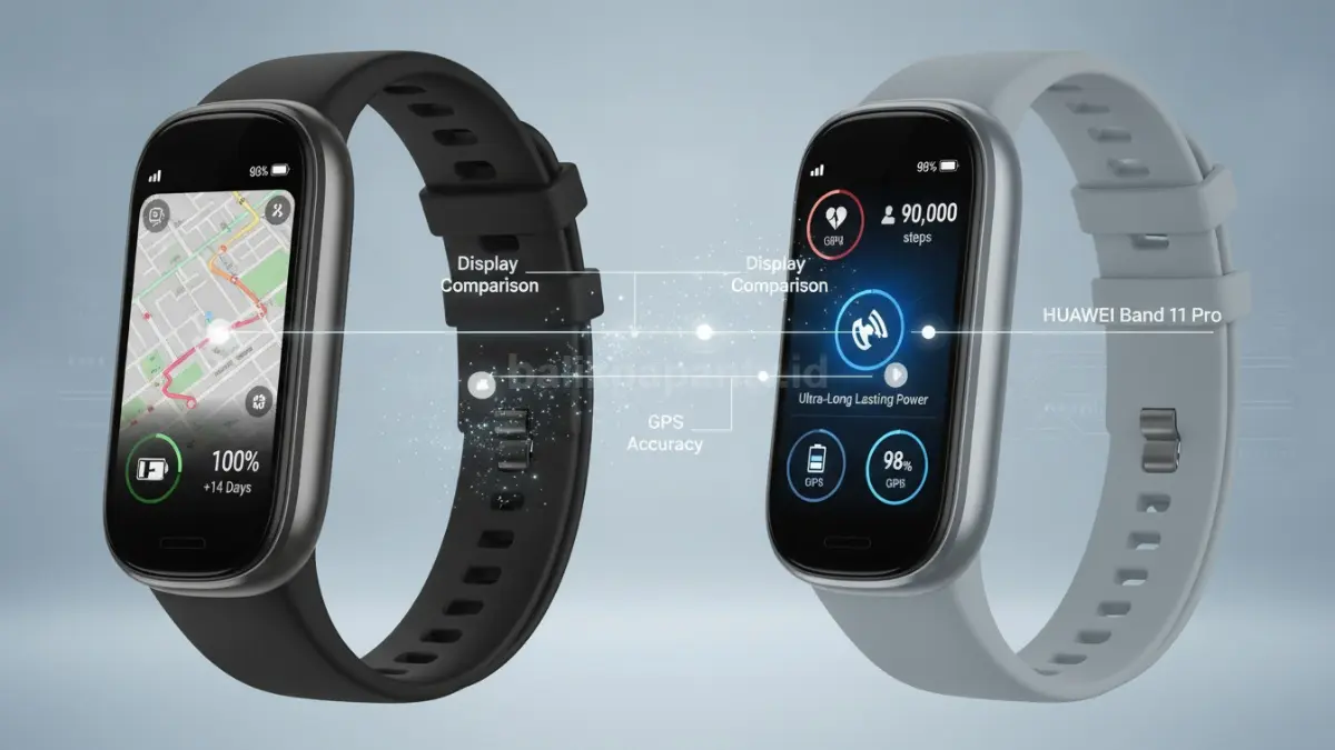 Perbandingan Xiaomi Band 10 Pro dan Huawei Band 11 Pro dengan fokus pada layar, GPS, dan baterai. (BTV/Ai)