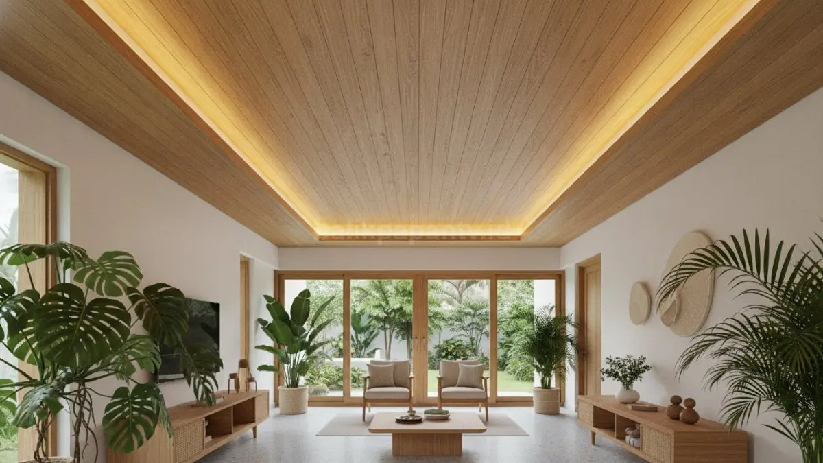 Plafon kayu bernuansa natural menghadirkan kehangatan visual, cocok untuk konsep rumah modern tropis nyaman (BTV/Ai)
