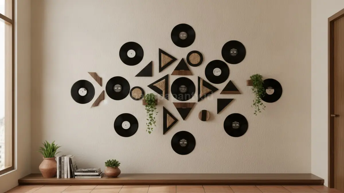 Pola asimetris modern menghadirkan dekorasi vinyl record artistik, dinamis, kreatif, dan berkarakter kuat ruangan.  (BTV/AI)