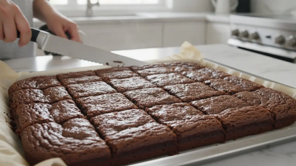 Potongan brownies crispy renyah yang baru keluar dari oven dan siap disimpan.
