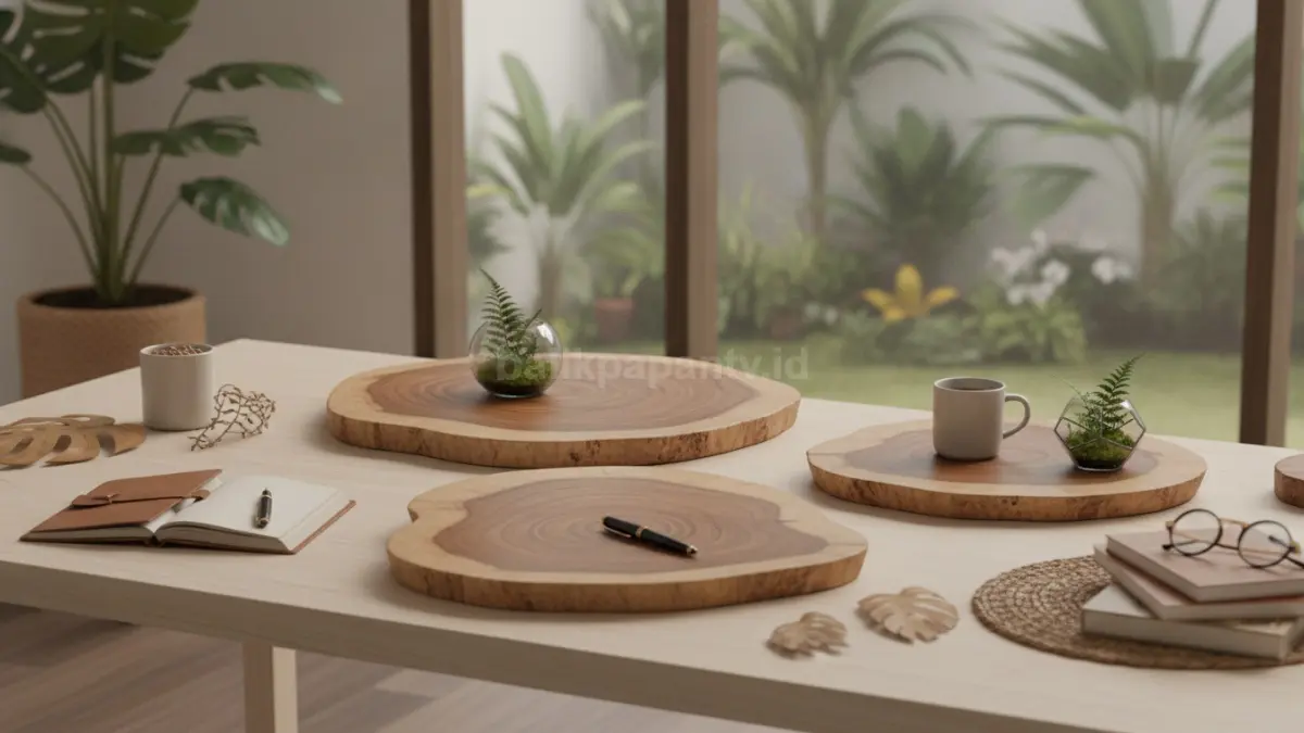 Potongan kayu mempercantik meja kerja kreatif dengan nuansa hangat, rapi, dan inspiratif.  (BTV/AI)
