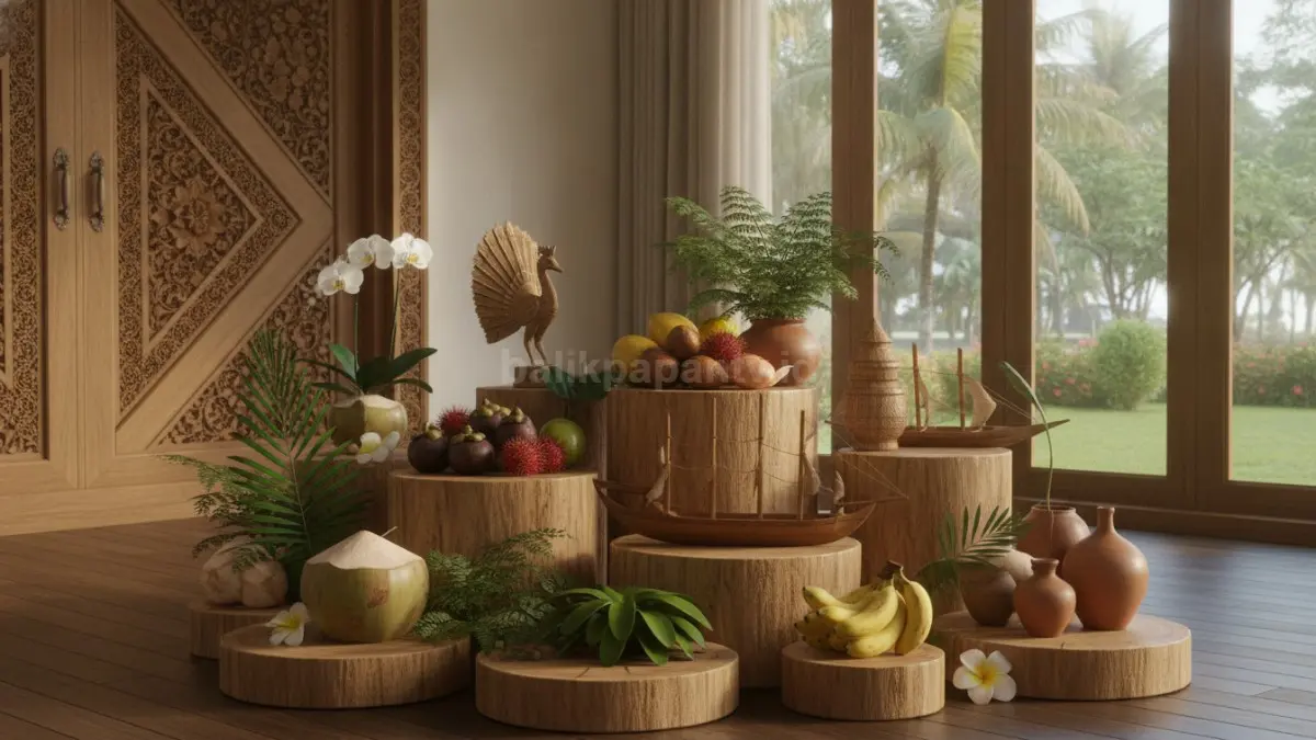 Potongan kayu menjadi area display musiman untuk tanaman, buah, dan ornamen dekoratif menarik.  (BTV/AI)