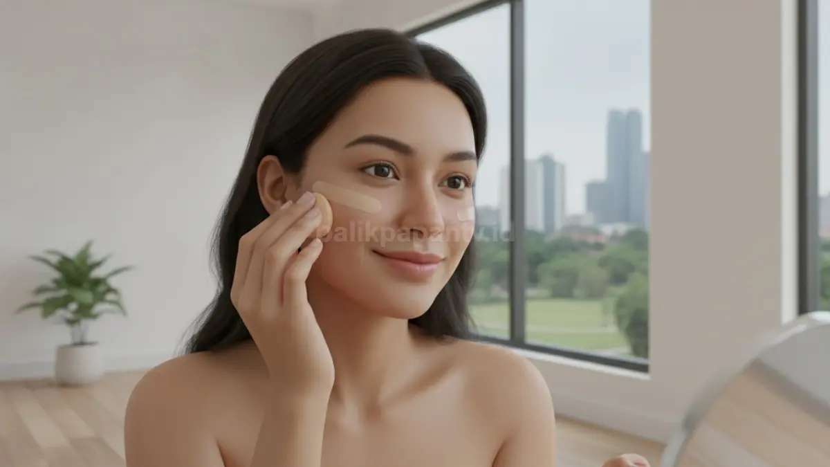 Proses aplikasi base makeup tipis dan merata untuk menciptakan tampilan natural.
