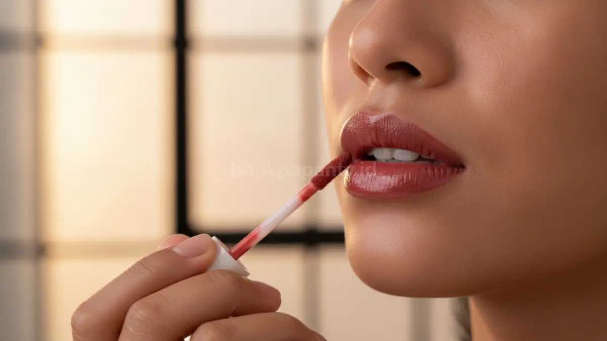 Proses aplikasi lip stain pada bibir yang telah diberi lip balm agar warna merata.