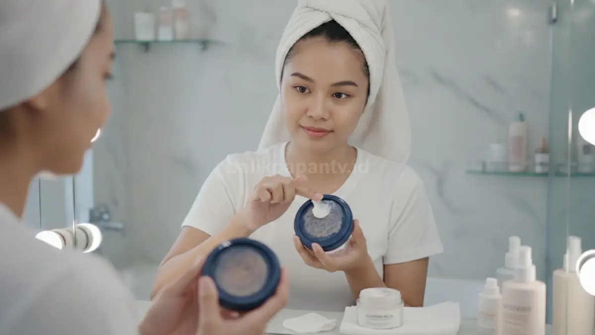 Proses membersihkan cushion waterproof menggunakan cleansing balm agar kulit bersih menyeluruh.
