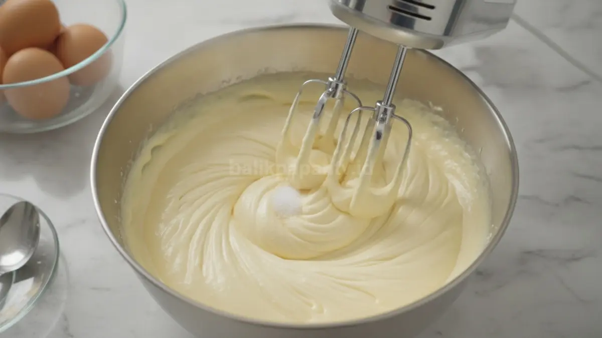 Proses mengocok telur, gula, dan emulsifier hingga adonan mengembang dan berjejak.