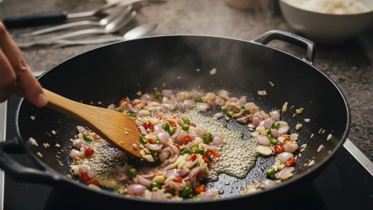 Proses menumis bawang merah, bawang putih, dan cabai sebagai dasar rasa nasi goreng.