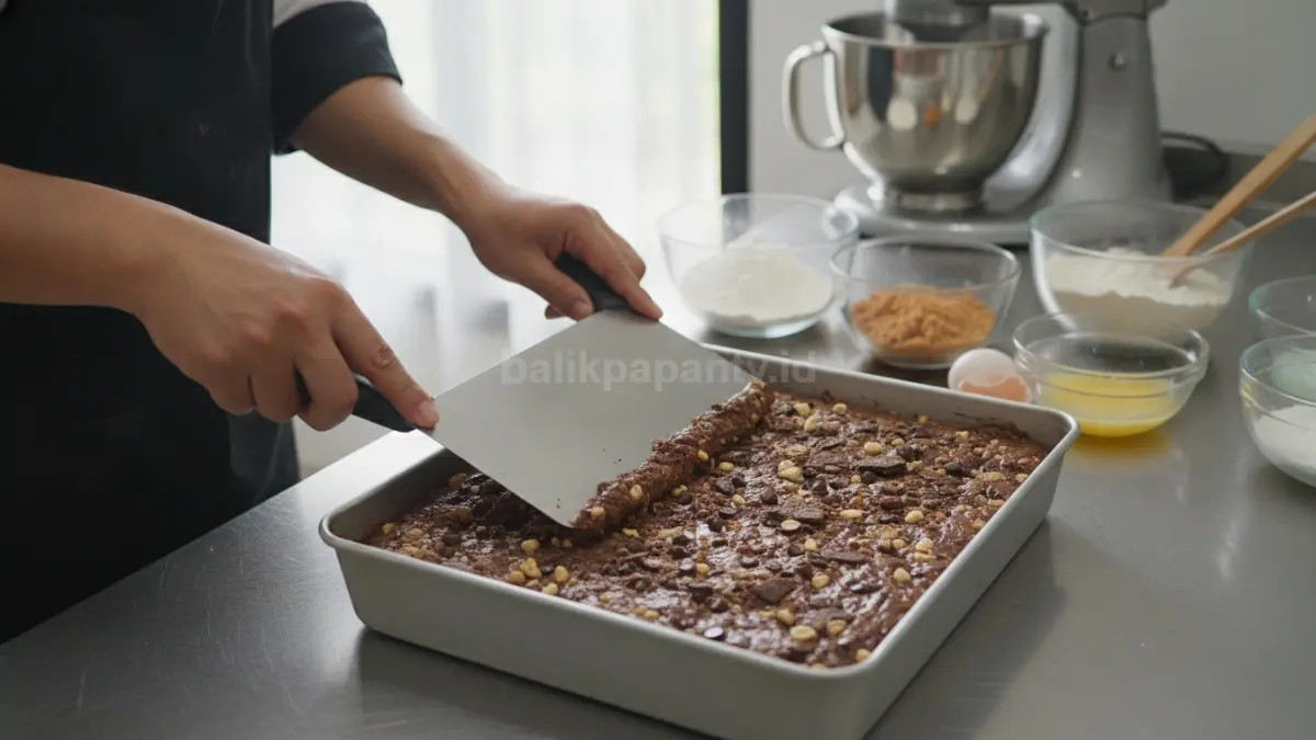 Proses meratakan adonan brownies crispy di loyang sebelum dipanggang.