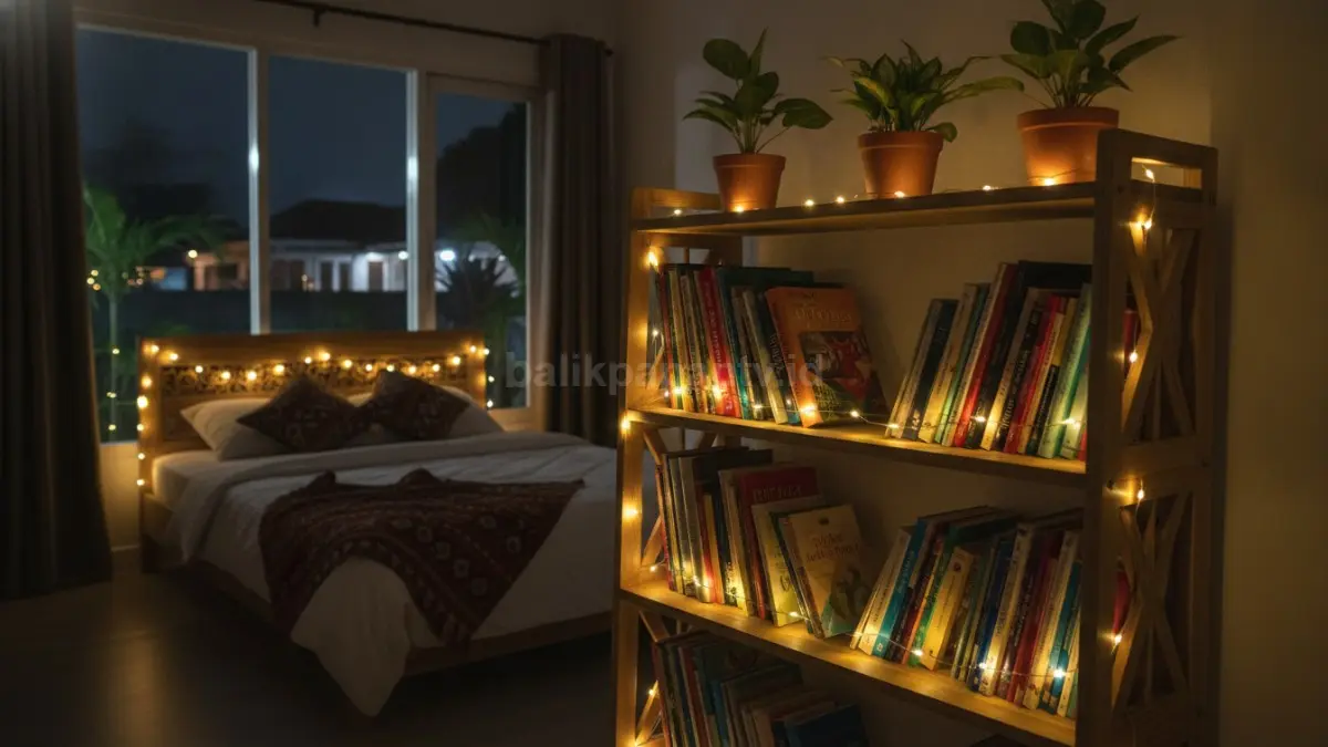 Rak buku bercahaya fairy lights tampil menonjol, menghadirkan dimensi visual hangat saat malam hari.  (BTV/AI)