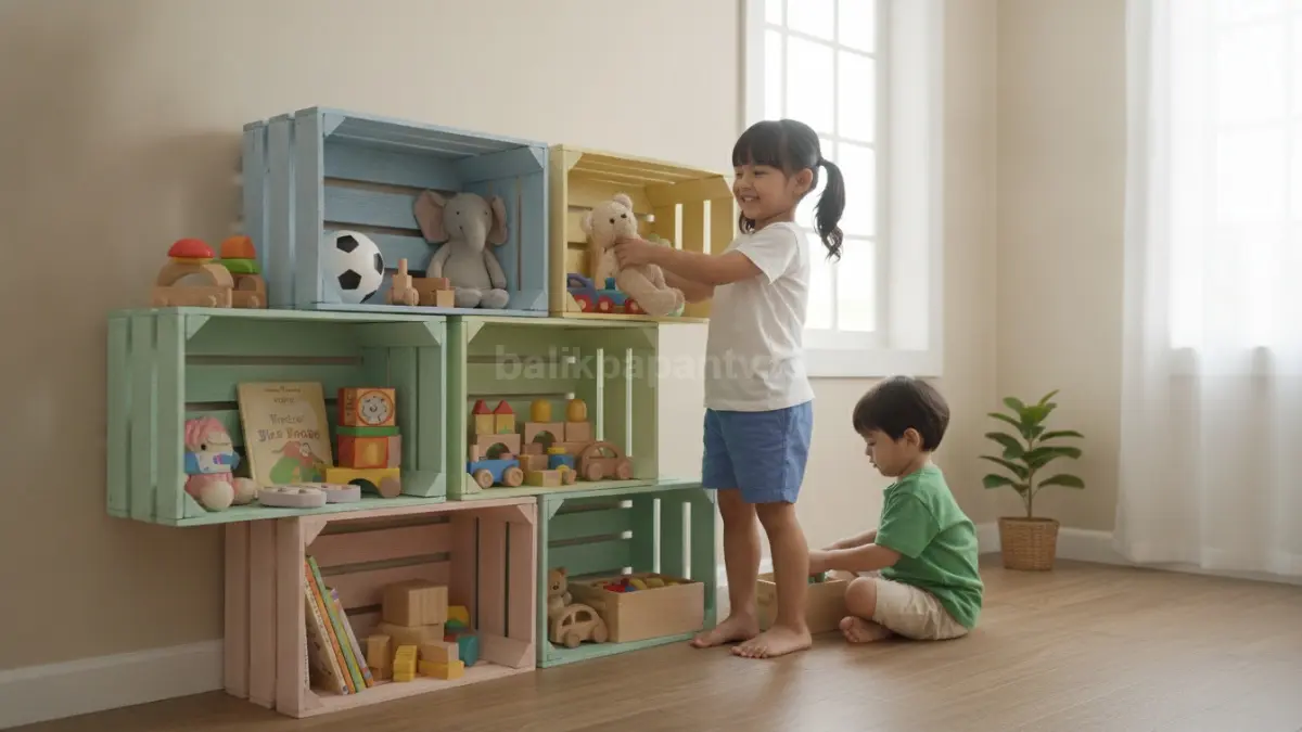 Rak mainan dari peti kayu membantu anak menyimpan dan merapikan barang mandiri. (BTV/AI)