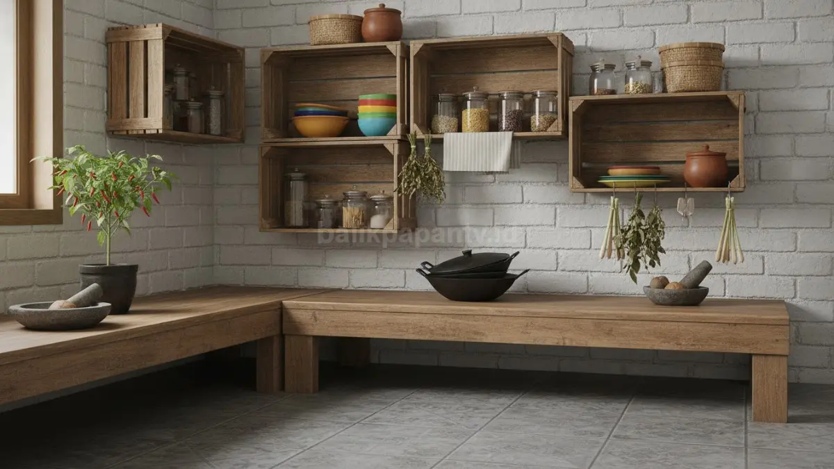 Rak penyimpanan dapur dari peti kayu menambah ruang simpan tanpa renovasi besar rumah.  (BTV/AI)