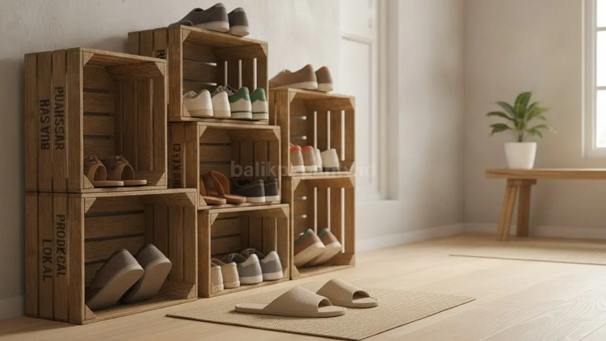 Rak sepatu dari peti kayu memudahkan penyimpanan alas kaki pada rumah berukuran kompak.  (BTV/AI)