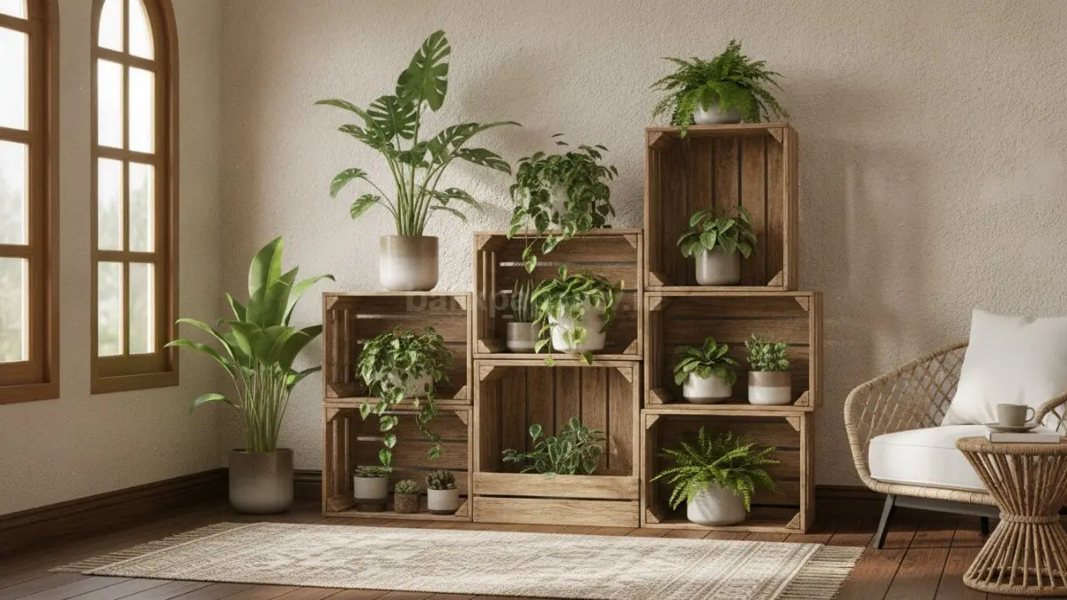 Rak tanaman indoor dari peti kayu bertingkat mempercantik ruangan dengan tampilan natural menarik.  (BTV/AI)
