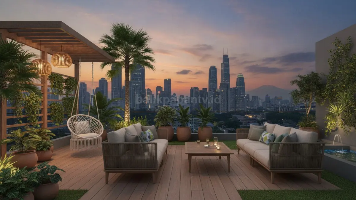 Rooftop garden berpemandangan kota menghadirkan ruang santai nyaman dengan tanaman hijau dan pencahayaan hangat. (BTV/Ai)
