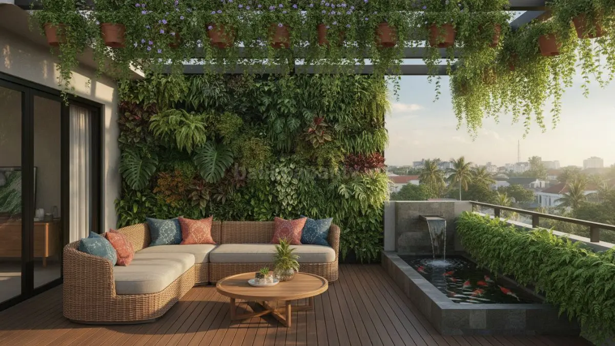 Rooftop garden dengan vertical garden menghadirkan area hijau luas, sejuk, hemat ruang, dan estetik. (BTV/Ai)
