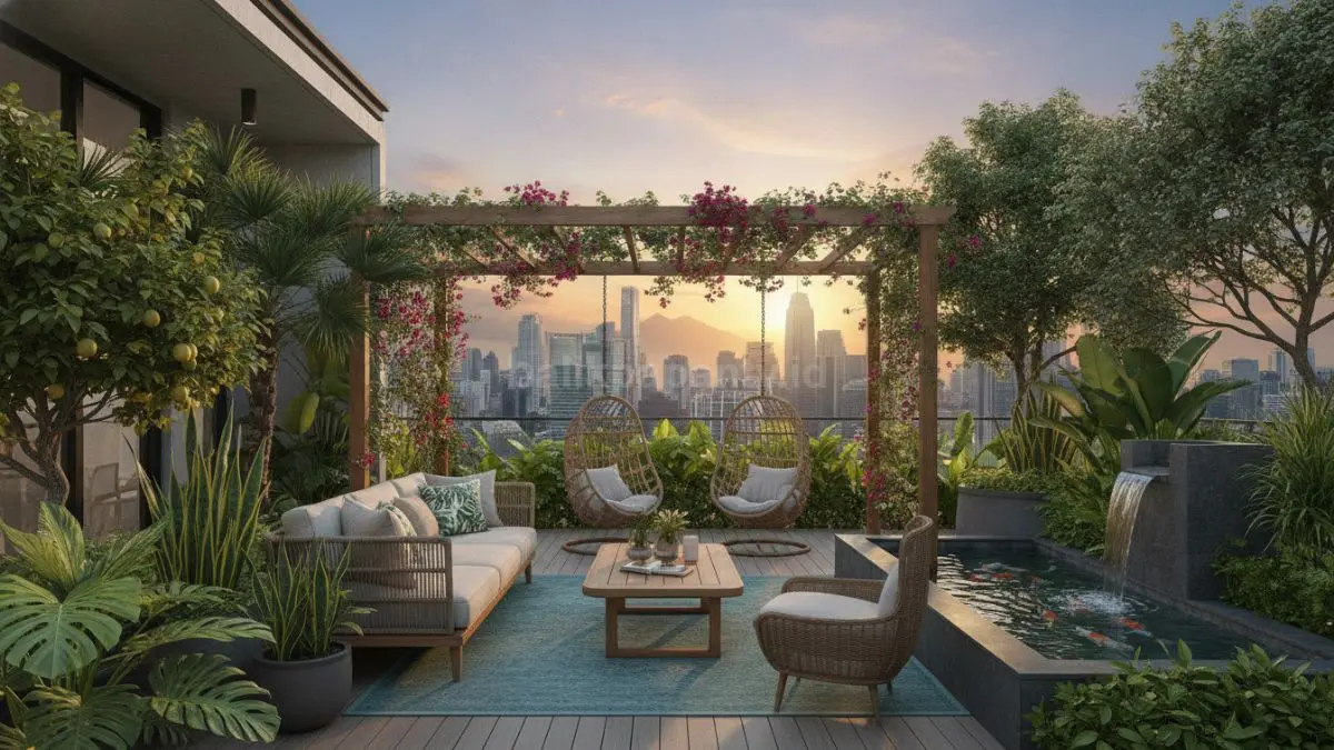 Rooftop garden modern dengan area santai keluarga dan tanaman hijau di atas rumah (BTV/Ai)