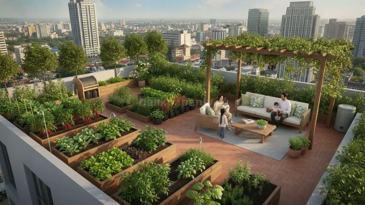 Rooftop garden urban farming menghadirkan sayuran segar dan aktivitas berkebun produktif di atap rumah. (BTV/Ai)
