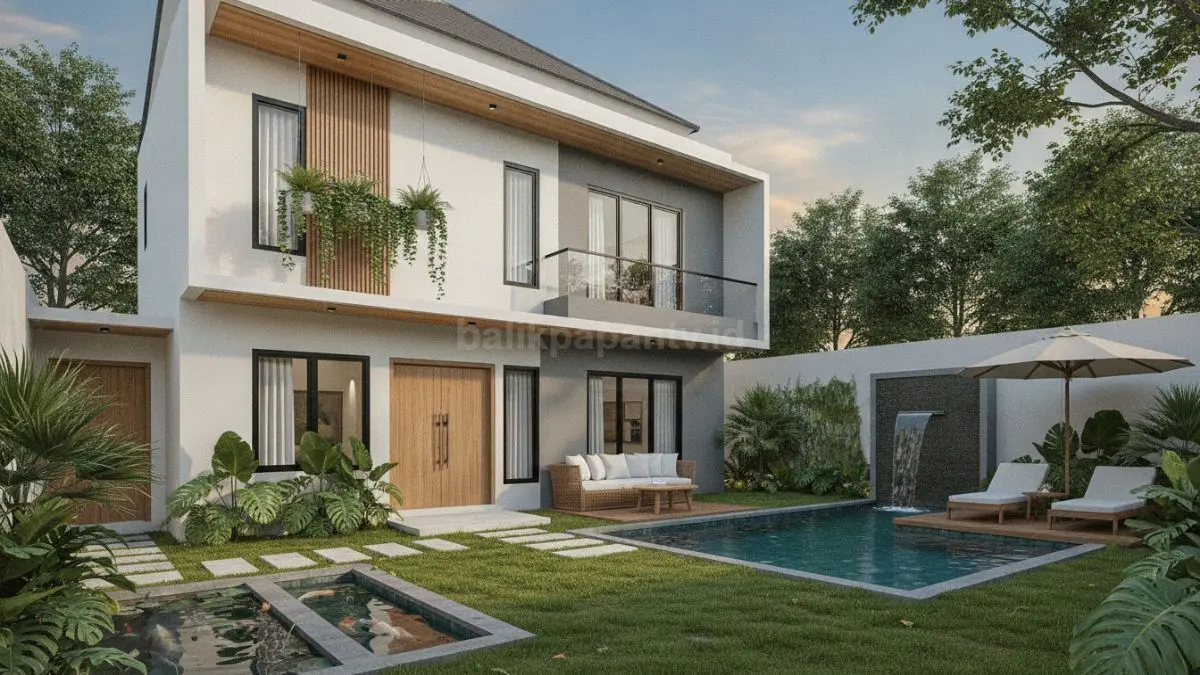 Rumah bernuansa villa Bali dengan taman tropis dan area santai semi terbuka. (BTV/Ai)