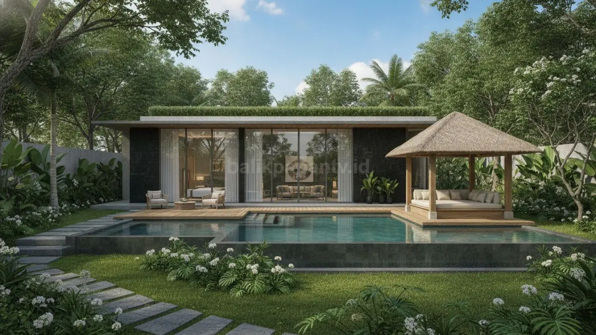 Rumah mewah bergaya resort tropis menghadirkan suasana hijau, sejuk, dan nyaman dengan taman sebagai pusat desain hunian. (BTV/AI)
