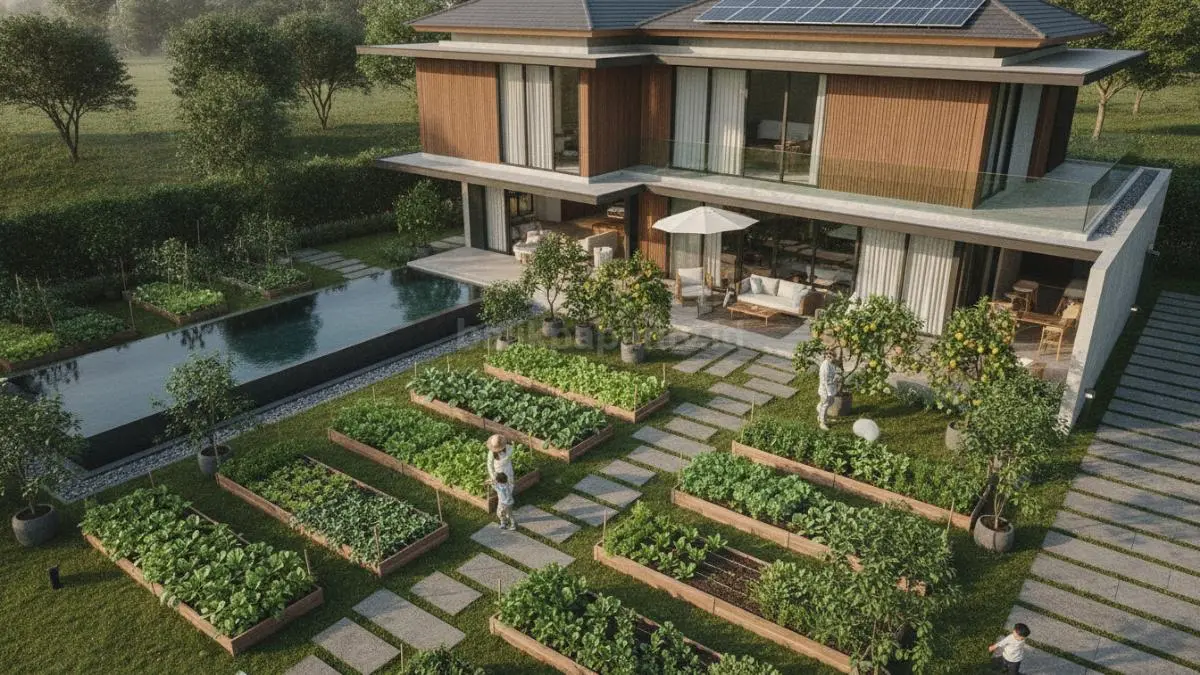Rumah mewah dengan kebun produktif memadukan keindahan taman dan area tanam yang bermanfaat untuk kebutuhan sehari-hari. (BTV/AI)
