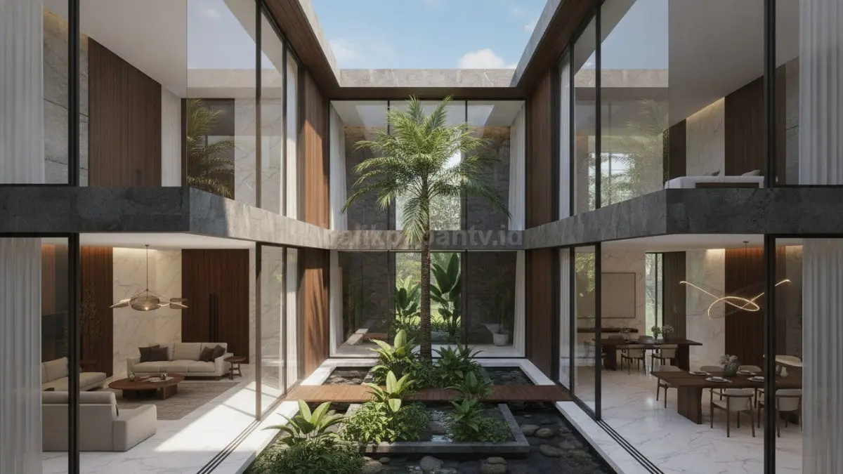 Rumah modern dengan taman tengah menghadirkan pencahayaan alami dan sirkulasi udara yang optimal untuk suasana hunian yang lebih segar. (BTV/AI)
