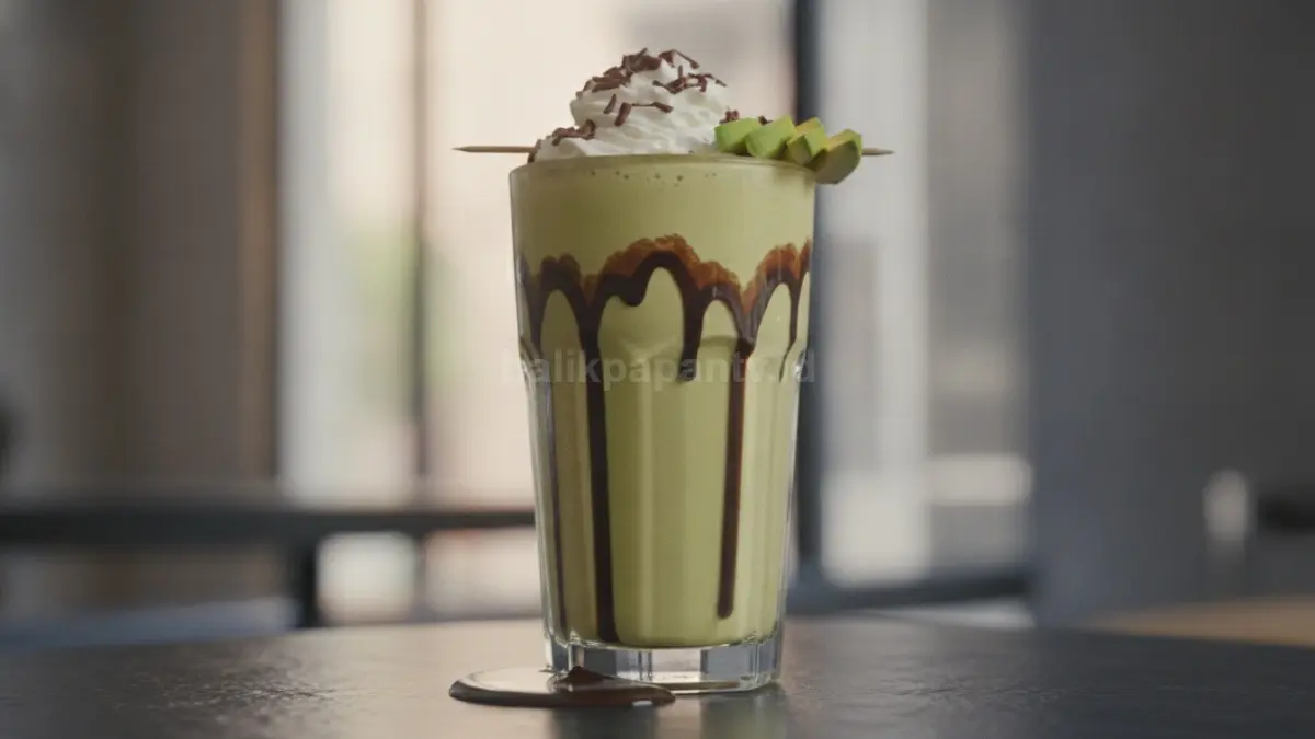 Segelas jus alpukat kental dengan hiasan cokelat di sisi gelas yang menggugah selera.