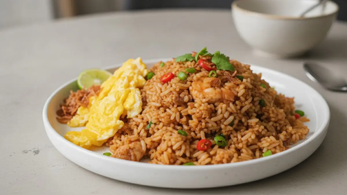 Sepiring nasi goreng spesial rumahan dengan telur orak-arik dan bumbu yang meresap, siap menggugah selera.